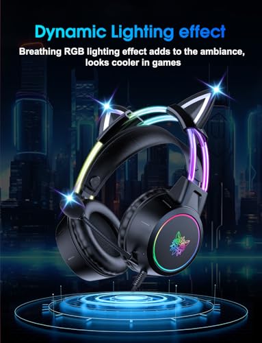 Lightweight Gaming Headset, RGB Lighting, Wired Over Ear Headphones with Mic for PC Laptop PS4 PS5 Switch, Stereo Surround Sound, Self-Adjusting Headband, Black Cat Ear - color: Black Cat Ear