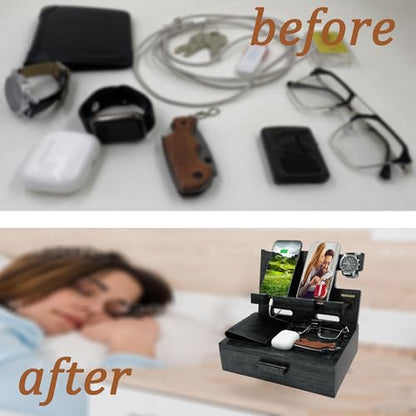 VEIYAILU Gifts for Him Husband Boyfriend Son Men Nightstand Organizer Wood Phone Docking Station Birthday Gifts (Black) - color: Black