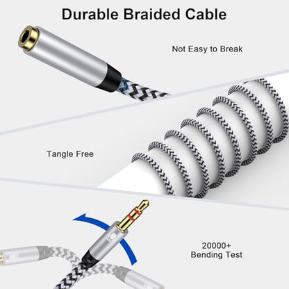 Headphone Splitter Cable for Computer,Braided 3.5mm Mic Cable Female to 2 Dual Male Headset Microphone Y Splitter Cable Mic Audio Stereo Jack Adapter to PC Laptop/Gaming Speaker - color: White