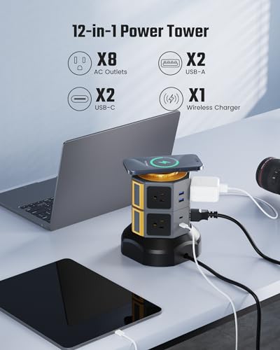 SUPERDANNY Power Strip Tower with 15W Wireless Charger, 6.5Ft Retractable Extension Cord, 1050J Surge Protector, Desktop Charging Station with 8 Outlets 4 USB Ports(2 USB C) for Home, Office, Garage | 8-Outlet Surge Protector Tower, Desk Charging Station
