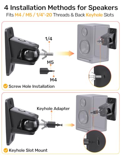 Speaker Wall Mount with Keyhole and 1/4"-20 4mm & 5mm Thread, 4 Packs | Universal Satellite Rear Surround Sound Speaker Wall Mount for Samsung Q990D, Roku, Sony, 360° Adjustable, 11 lbs Capacity - color: Deep Black