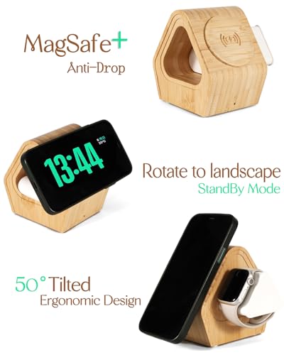 Bamboo Wireless Charger for Apple|3-in-1 Charger Stand|Cabin Style | Fast-Charging Station for MagSafe iPhone 17 16 15 14 13 12 Series, Watch 11-2, SE, Ultra& AirPods 4-2|Pro(20W Adapter)Natural