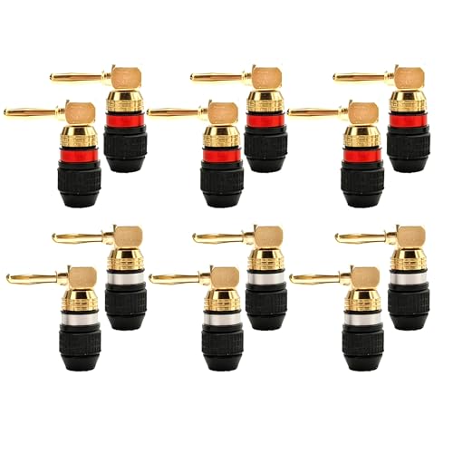KCT 24K Real Gold Plated Right-Angle Speaker Banana Plugs Fast Lock 6 Pairs(6 red +6 Black) Quick Connect 90 Degree