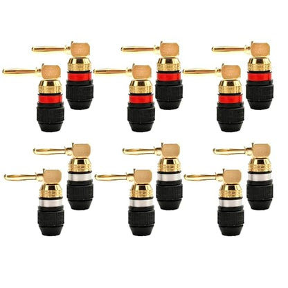 KCT 24K Real Gold Plated Right-Angle Speaker Banana Plugs Fast Lock 6 Pairs(6 red +6 Black) Quick Connect 90 Degree