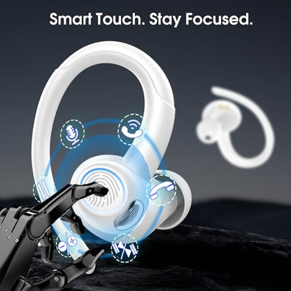 Wireless Sports Earbuds with Earhook, 48H Deep Bass/ENC Mic Ear Buds White | Wireless Earphone with LED Display, Bluetooth 5.3 Headphones In Ear, IPX7 Waterproof Over Ear Buds for Running/Workout - color: White