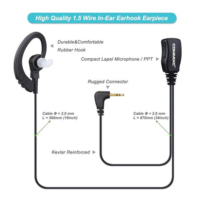 2-Pack Walkie Talkie Earpieces, 2.5mm 1-Pin Compatible with Mot Talkabout | Two Way Radio Headset with Mic PTT