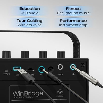 WinBridge S97 60W Powerful Voice Amplifier with Dual Wireless Microphones | Speaker Mic Set, PA System for Teachers, Karaoke & Event, Guitar Input, 4 Sound Effects, Bluetooth Audio/USB/TF/AUX Playback