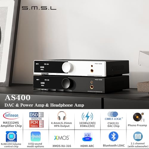 SMSL AS400 Power Amplifier DAC Headphone Amp 165W x2 2.1 Channel MA5332MS MM Phono Amp Bluetooth 5.1 CS43131 MQA CD DAC Preamp 4.4mm/6.35mm RCA/BT/USB/Opt/Coax/Phono/12S Input 768K/32Bit XMOS XU316 | CS43131 Chip 2.1 Subwoofer MQA DAC 4.4&6.35 Headphone U