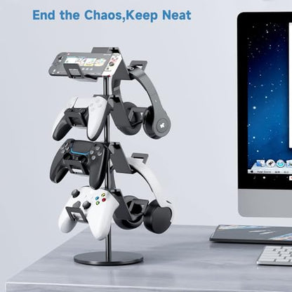 Controller Holder 4 Tier,Headphone Stand for Xbox PS5 PS4 | Classical "W" shape,Adjustable,Gamepads and headset storage,For Gamer,Black,Stable,Gaming gift