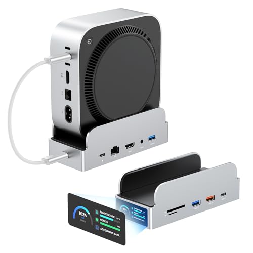 MiniDock Mac mini M4 Dock and Stand, 11-in-1 USB-C Hub with 8TB M.2 NVMe SSD Enclosure, Smart Display, 4K@60Hz HDMI, Gigabit Ethernet, SD/TF, 3.5mm Audio, PD Charging, for Mac mini/Pro/Air/Windows - color: Gray