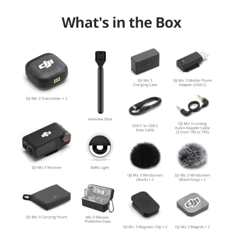 DJI Mic 3 Combo + Silicone Case + Interview Stick + Selfie Light | Wireless Microphone for iPhone/Camera/Android, Ultralight, Adaptive Gain Control, Dual Band Anti-Interference, 28h Use, Vlog