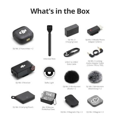 DJI Mic 3 Combo + Silicone Case + Interview Stick + Selfie Light | Wireless Microphone for iPhone/Camera/Android, Ultralight, Adaptive Gain Control, Dual Band Anti-Interference, 28h Use, Vlog
