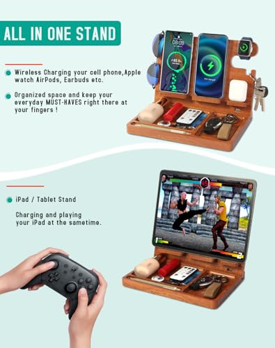 Nightstand Organizer with 4 Wireless Charger for 2 iPhone/Android Phone,Apple Watch,Airpod,Wood Phone Docking Station,27W Fast Wireless Charging Station,Wallet/Key Holder,Gift for Men Dad