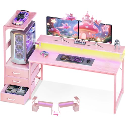 AODK Gaming Desk w/PC Showcase Stand, 59" Reversible, RGB LED - color: Pink, size: 59 Inches