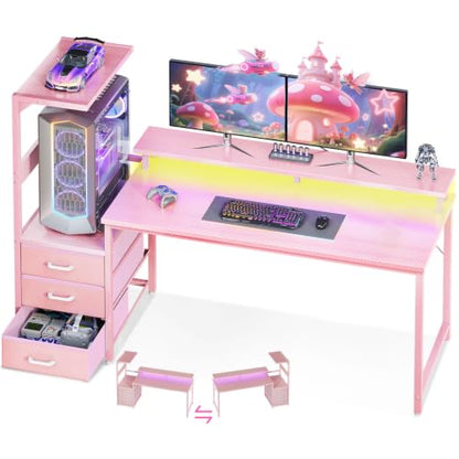 AODK Gaming Desk w/PC Showcase Stand, 59" Reversible, RGB LED - color: Pink, size: 59 Inches