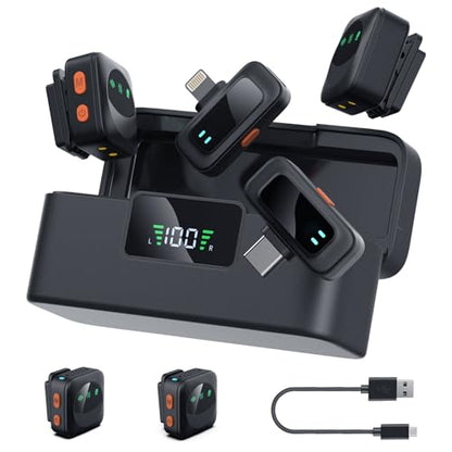 Ai Mini Mic Wireless Lavalier Microphone System (2TX+2RX+Case), Magnetic & Clip-On Microphone for iPhone, Android, Vlogging, Studio-Quality Sound, 48H Battery, Ai Noise Cancelling (Black2) - color: Black2 (no hairball)