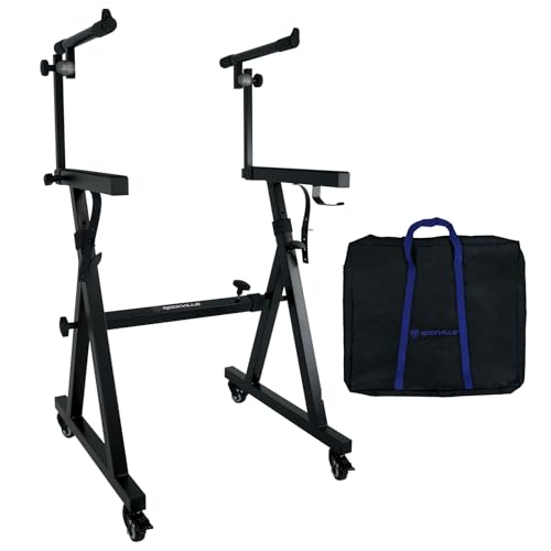 Rockville Z45W Dual Tier Keyboard Stand, Adjustable Height 26"-38", Width 23.4"-34", 250 lb Capacity, Lockable Wheels, Ideal for Digital Piano, Synths, and DJ Gear, Includes Travel Bag