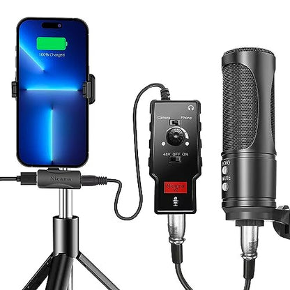 V2 XLR Female to 3.5mm TRS TRRS Adapter Cable for Shotgun or Condenser Rode Sennheiser Microphone, Mic Preamp with 48V Phantom Power Supply for iPhone iPad DSLR Camera (Not for Canon T5, 6 7)