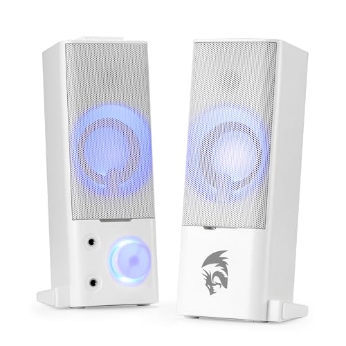 Redragon GS550 PC Gaming Speakers 2.0 Channel Stereo Enhanced Sound, White | Compact Maneuverable Size, Headphone Jack, Decent Red Backlight, Plug & Play USB Powered Desktop Computer Speaker - color: White