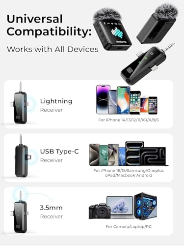 MENERESAS Wireless Microphone for iPhone: 40dB Noise Canceling Mini Mic with 20Hz-20kHz Audio, 328ft Range, 20H Battery, 3-in-1 Lavalier Microphone for Video Recording