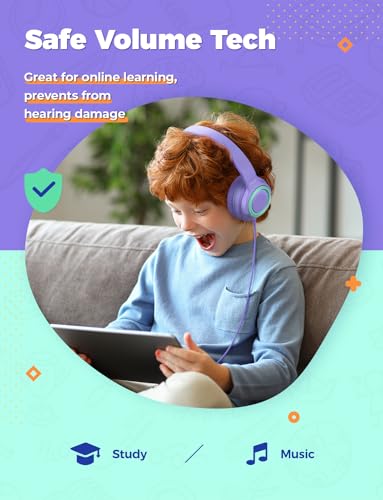 iClever HS22 2-Pack Kids Headphones with Sharing Splitter for School Travel | SafeSound Tech3.0, Share Audio, Tangle-Free, 3.5mm Jack, Foldable, Stereo Sound, Wired Headphones for Kids, Purple & Green - color: Purple & Green