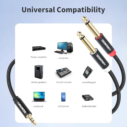 3FT 3.5mm to Dual 1/4" Mono Audio Adapter Cable, 2 Pack, Stereo to Mono Y-Cable for Home Audio Systems, Speakers, CD Players, Amplifiers, Connect 3.5mm Output to Two 1/4" Mono Inputs