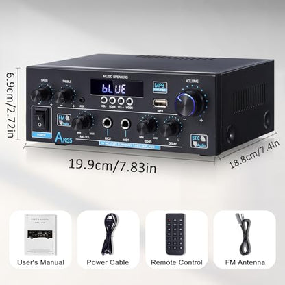 AK55 Stereo Amplifier Home Audio, Bluetooth 5.0 Max 600W Power Stereo Receivers 2.0 Channel Audio Amplifier for Speaker W/Remote Control/AUX/RCA/Echo/USB/2 MIC in for Home Party, Karaoke - size: AK55
