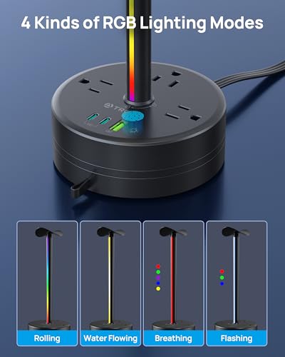 TROND Headphone Stand with PD 20W USB C Charger, RGB Gaming Headset Holder | 3 AC Outlets Extension, 5ft Retractable Power Strip Suitable for Gamer Desktop Table Game Earphone Accessories Gift