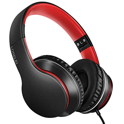 LORELEI X6 Over-Ear Headphones with Microphone, Lightweight Foldable & Portable Stereo Bass Headphones with 1.45M No-Tangle,Wired Headphones for Smartphone Tablet MP3 / 4 (Black-Red) - color: Black-red