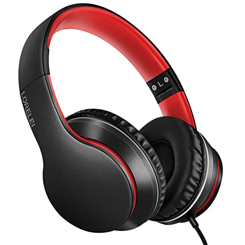 LORELEI X6 Over-Ear Headphones with Microphone, Lightweight Foldable & Portable Stereo Bass Headphones with 1.45M No-Tangle,Wired Headphones for Smartphone Tablet MP3 / 4 (Black-Red) - color: Black-red