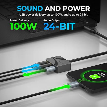 SABRENT USB-C to 3.5mm Audio Adapter with 100W PD, 24-Bit (AU-PACM) | USB-C external sound card; headset mic & stereo out; 96kHz; 100W PD passthrough