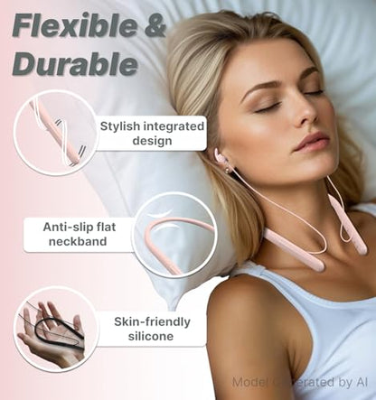 Hmusic HS88 Sleep Earbuds for Side Sleepers, 30dB Noise Isolation | Ultra-Thin Silicone, 12H Playtime with Sleep Timer, Secure Fit Neckband Headphones for Yoga, Travel, Audiobooks & Meditation - color: Pink