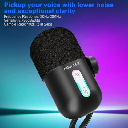 USB Microphone for PC, Cardioid Condenser Microphone with Active Noise Cancellation, Quick Mute, Built-in Headphone Jack, Gaming Mic with Table Stand, for Live Streaming, Instruments, Podcast
