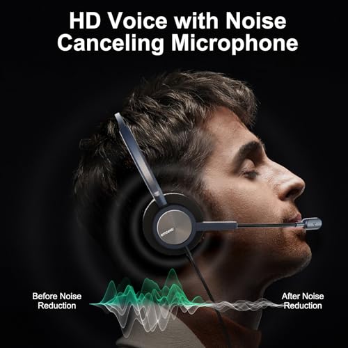 One Ear Wired Headphone for Deskphones, Telephone Headset with QD-RJ9 Jack & Noise Cancelling Microphone for Office Call Center, Works for Grandstream,Snom,Yealink,Fanvil,Cisco IP Phones and More