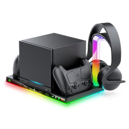 JDDWIN Charging Dock Stand with Cooling Fan for Steam Machine/Steam Controller 2026 Storage Stand for Steam Controllers Puck & Headset with RGB Light