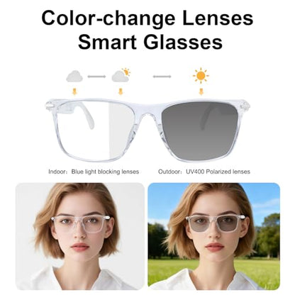 Smart Glasses for Women Clear Pink Frame Open-Ear Bluetooth Glasses | Built-in Mic and Speaker, Photochromic Lenses, Touch Control Hands Free Call, Voice Assistant Compatible with Android & IOS - color: Pink