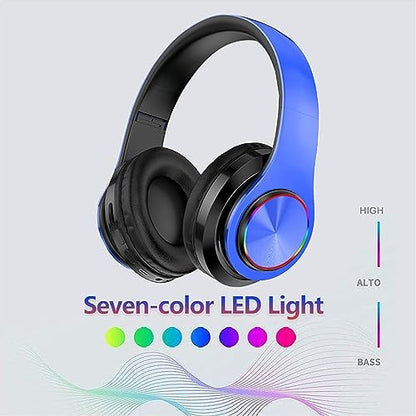 LED Bluetooth Over-Ear Headphones Blue w/ Mic HiFi Foldable Wired Wireless | Colorful LED Over-Ear Bluetooth Headphones Blue, HiFi Stereo with Mic, Foldable Wired Wireless for Gaming Classroom Gift - color: Blue