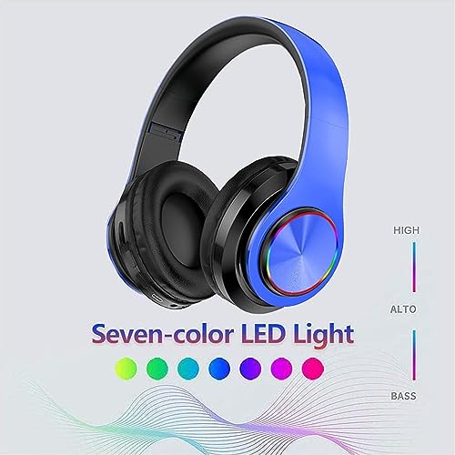 LED Bluetooth Over-Ear Headphones Blue w/ Mic HiFi Foldable Wired Wireless | Colorful LED Over-Ear Bluetooth Headphones Blue, HiFi Stereo with Mic, Foldable Wired Wireless for Gaming Classroom Gift - color: Blue