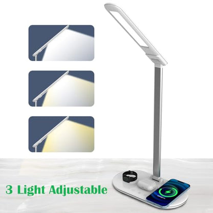 IHAO 3in1 Wireless Charging Eye-Care Desk Lamp 15W Fast Charging Station for Phone, Smartwatch & Earbuds, Touch Control Dimmable LED Light Adjustable Gooseneck, Modern Office Table Lamp-HYT2096 White - color: Table Lamp 3in1 wireless charger HYT2096 White