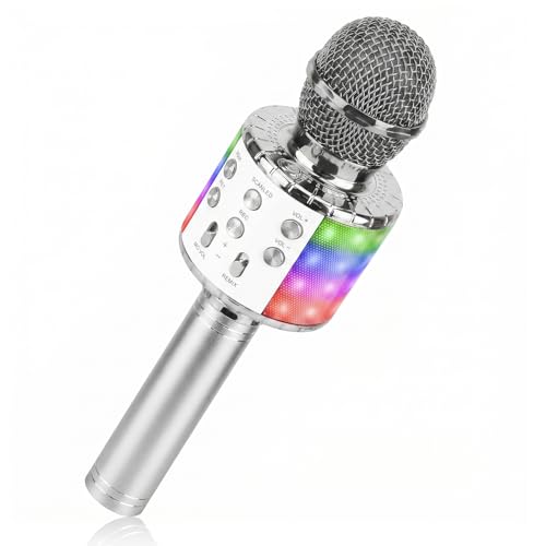 ShinePick Karaoke Microphone, 4 in 1 Wireless Microphone with LED Lights Handheld Portable Karaoke Machine, Home KTV Player, Compatible with Android & iOS Devices (Silver) - color: silver