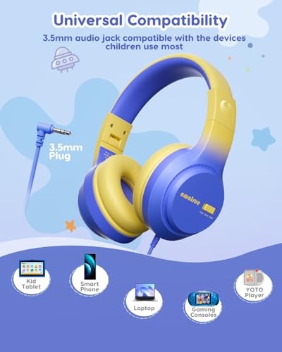 awatrue Kids Headphones for School, 74‑85‑94dB, 3.5mm Jack, HK07 | Foldable Wired Over Ear Headphones, for Toddler School/Travel/iPad/Tablet, Blue-Yellow - color: Blue Yellow