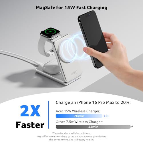 Acer 3 in 1 Charging Station for iPhone, Wireless Charger Stand,15W Fast MagSafe Charger for iPhone 17 16 15 14 13 12 Series-Apple Watch 11 10 9 8 7 6 5 4 3 2 SE and Ultra Series-Airpods 4 3 2 Pro - color: S3-White
