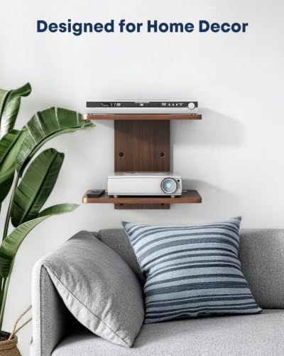 Floating TV Projector Shelf Wall Mount - 2 Tier Wooden Shelf, Walnut Brown | Home Decor, Cable Management, DVD Player, Router, Game Console, Cable Box, Play Station, Holds Up to 22lbs per Shelf - size: 2-Tier Shelf