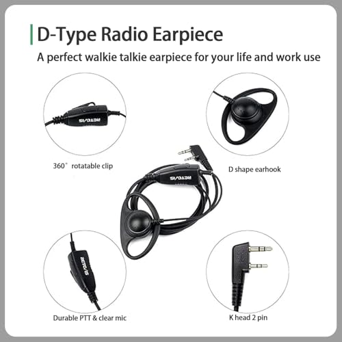 Retevis Walkie Talkie Earpiece, D-Type, 2 Pin, for H777/RT22/RT21/RT68 | PTT, Compatible with Pxton, Baofeng, Kenwood Walkie Talkies, Two Way Radio Earpiece with Mic, Hotels(1 Pack)