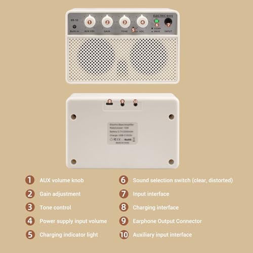 KOKKO KB-10 Bass Amplifier Portable Mini Bluetooth Audio 10W Mini Bass Amplifier Portable Rechargeable Bass Guitar Practice Amplifier