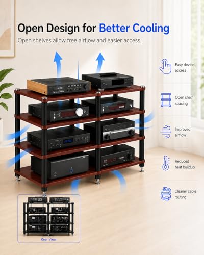 4 Tier Heavy Duty AV Media Stand, Stereo Stands and Racks, Teak | Audio Tower HIFI Rack Stereo Shelf 352 lb Load Capacity, vibration-dampening feet, open ventilation, Built for Hi-Fi systems - color: Teak, size: 4 tier