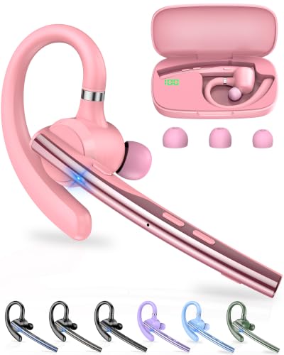 New Bee Bluetooth Headset V5.1 72H Talk Time Dual Mic with Mute Button for Business, Wireless Hand-Free Bluetooth Earpiece with 500mAh Charging Case for Cell Phone Calls Trucker Driver Laptop - color: Pink, style: M54