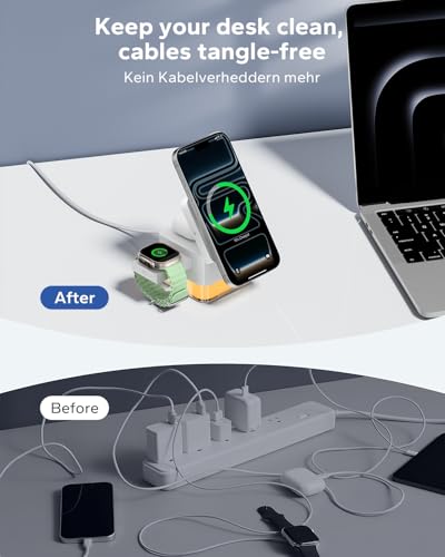 3 in 1 MagSafe-Compatible Charging Station for Apple, Nightstand Fast Wireless Charger, Foldable Cube, Charging Stand with Night Light, for iPhone 17/16/15/14/13/12, Apple Watch/AirPods, White - color: White