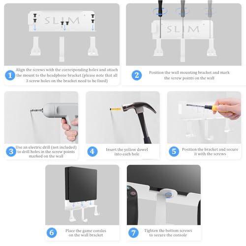 Wall Mount Kit with Detachable 2 Controller Holder & Headphone Hanger, Metal Wall Mount Stand Compatible with PlayStation 4 Slim - color: White