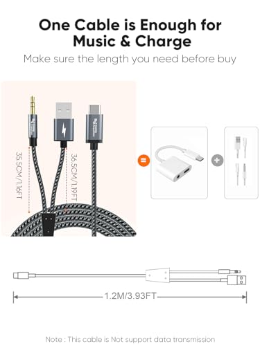 CableCreation USB C to 3.5mm Audio Cable with USB Charging Car Aux Cable | Type C to Aux Jack Headphone Car Stereo with 18W Charge for iPhone 16 15 Pro Max Plus, Galaxy S24/S23+, Pixel 9/8/7+ - style: USB C+3.5mm Audio+USB C Charging (Grey)